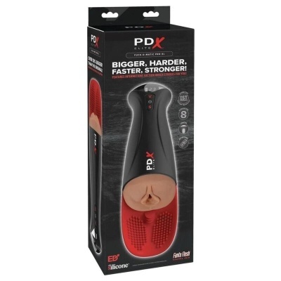 Embalagem preta de produto sexual masculino PDX Elite com imagem do dispositivo preto e vermelho
