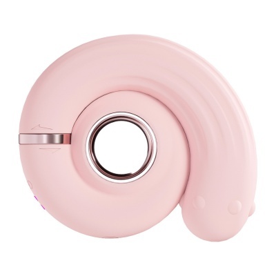 Dispositivo eletrónico rosa claro em forma de espiral com detalhe metálico