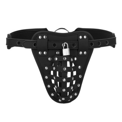 Cinta de castidade masculina preta com cadeado e rebites