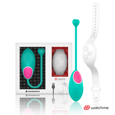 Dispositivo eletrônico azul turquesa com botão rosa, pulseira branca ajustável, caixa embalagem branca e cabo USB preto da Watchme.