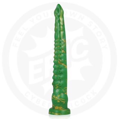 Sex toy em silicone verde com detalhes amarelos e textura saliente.