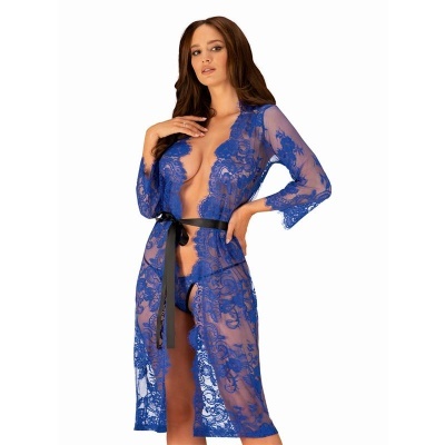 Robe transparente azul em renda com padrão floral e cinto preto