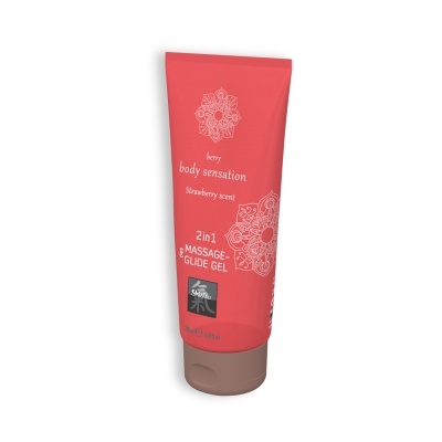 Frasco de gel cor-de-rosa com rótulo branco e tampa castanha