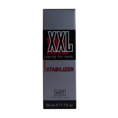 Embalagem de spray XXL Stabilizer para homens cinzenta com texto em preto e vermelho