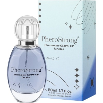 Frasco de perfume PheroStrong azul com caixa azul clara