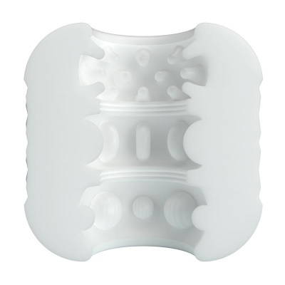 Produto cilíndrico de silicone branco com texturas internas e aberturas laterais