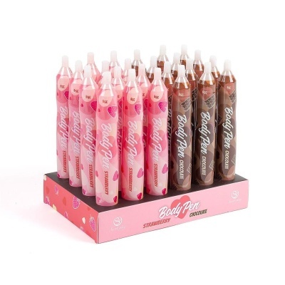 Tubo de Body Pen em sabores morango e chocolate em embalagem retangular.