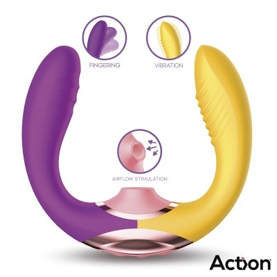 Produto em forma de U roxo e amarelo com texto FINGERING, VIBRATION, AIRFLOW STIMULATION e logo Acton