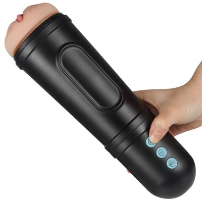 Dispositivo portátil preto com extremidade em silicone cor de pele e botões azuis