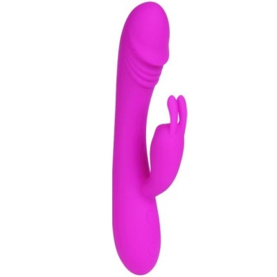 Vibrador rosa de silicone com estimulador tipo coelho e botões na base