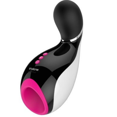Dispositivo preto e branco com detalhes rosa e botões cor-de-rosa.