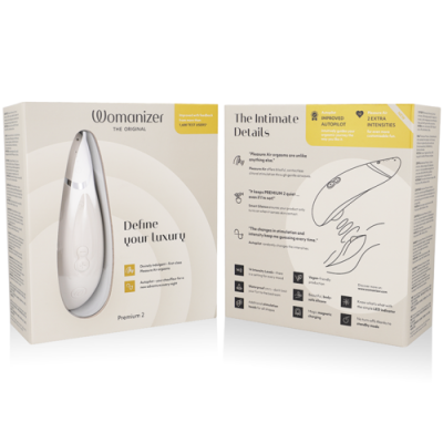 Embalagem do produto Womanizer Premium 2 com imagem do dispositivo branco e texto das características