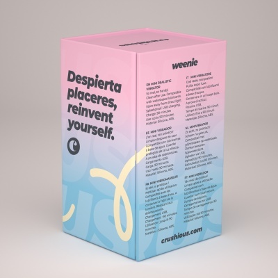 Embalagem rosa e azul com texto sobre mini vibrador da marca weenie