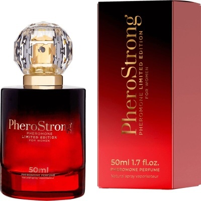 Frasco e caixa de perfume PheroStrong vermelho e dourado
