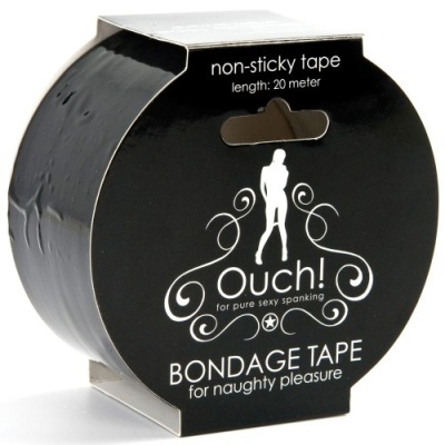 Embalagem preta de fita Bondage Tape com texto branco e silhueta de pessoa