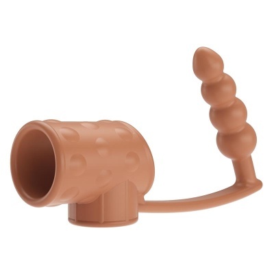 Produto castanho em silicone com textura de bolinhas e formato tubular com segmento curvo