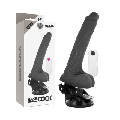 Vibrador preto com ventosa e controle branco, embalagem com texto BASE COCK