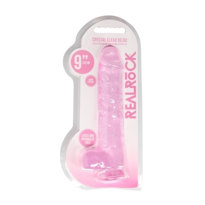 Dildo realista cor-de-rosa translúcido em embalagem branca e rosa com texto
