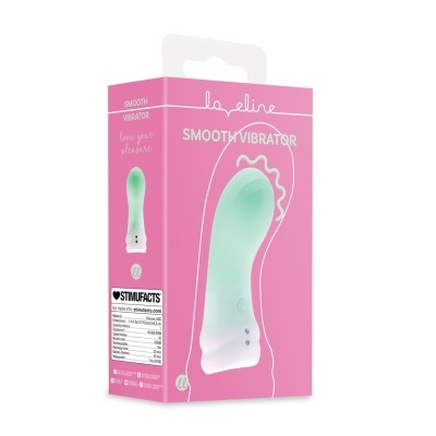 Embalagem rosa de vibrador verde azulado e branco com texto e especificações técnicas