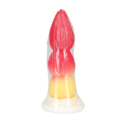 Cone de silicone amarelo e vermelho embalado em plástico transparente sobre fundo branco
