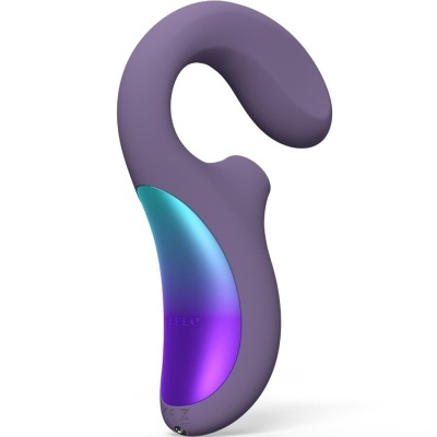 Massajador erótico roxo com detalhe metálico azul e roxo em fundo branco