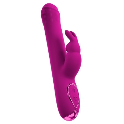 Vibrador magenta com estimulador em forma de coelho e controlos touch