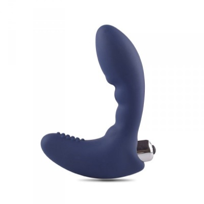 Produto em silicone azul escuro curvado com botão metálico prateado.