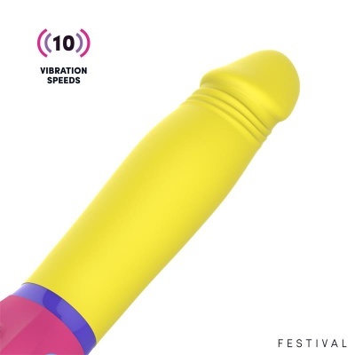 Vibrador amarelo com base cor-de-rosa e anel azul, texto 10 VIBRATION SPEEDS