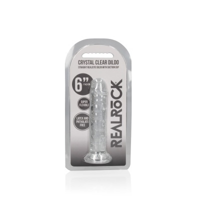 Dildo transparente com ventosa embalado em blíster com texto explicativo
