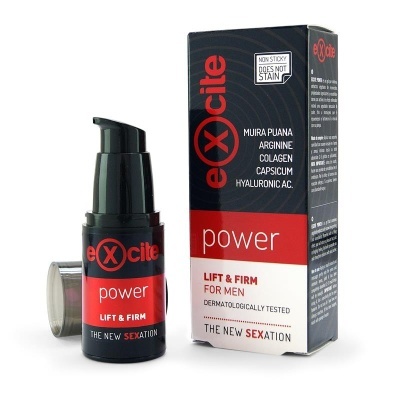 Frasco e embalagem de cosmético masculino eXcite power LIFT & FIRM em preto, vermelho e branco