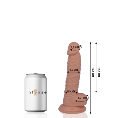 Dildo cor de pele com medidas e lata branca com texto intense.
