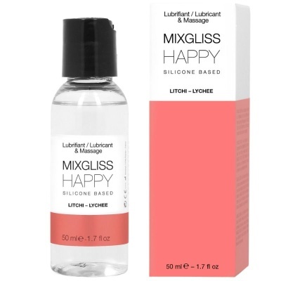 Lubrificante e óleo de massagem MIXGLISS HAPPY com aroma de lichia em embalagem transparente e caixa branca e cor-de-rosa
