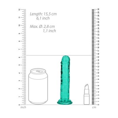 Dildo azul translúcido com medidas e comparações de tamanho