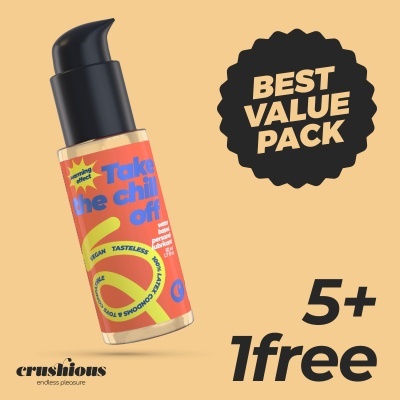 Frasco de lubrificante pessoal com tampa preta e rótulo colorido ao lado de selo preto com texto BEST VALUE PACK