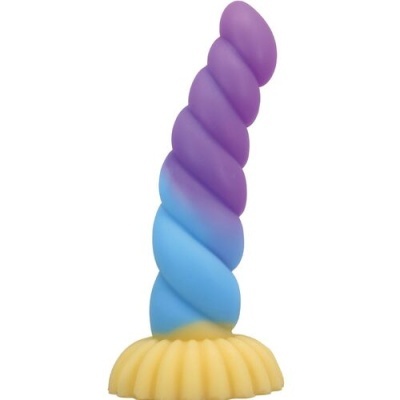 Objeto espiralado azul e roxo com base amarela arredondada