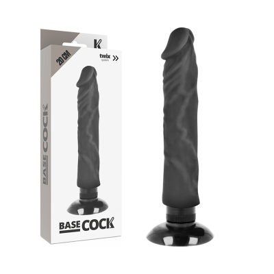 Dildo preto texturizado com base de ventosa e embalagem branca com escrita BASE COCK