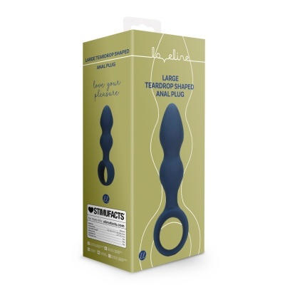 Embalagem de plug anal azul em silicone, forma de lágrima larga, com anel, texto indicativo, fundo verde-oliva.