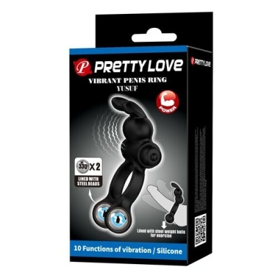 Embalagem do PRETTY LOVE Vibrant Penis Ring Yusuf preto com pesos de aço e vibração