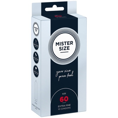 Caixa de preservativos Mister Size azul com texto e ilustração