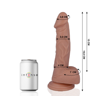 Dildo realista cor de pele com medidas, ao lado de uma lata branca com o texto intense