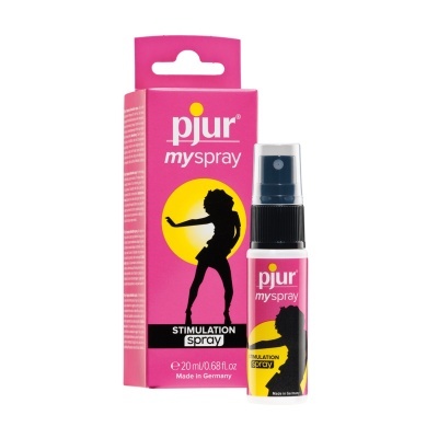 Frasco pequeno de spray pjur myspray com embalagem rosa e preto.