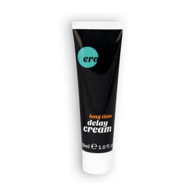 Frasco preto de creme long time delay com tampa branca e texto em laranja e branco