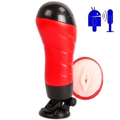 Dispositivo sexual masculino vermelho com base preta e inserto branco