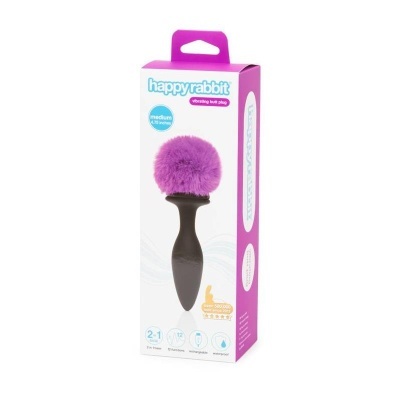 Embalagem de plug anal vibratório happyrabbit com pompom roxo.