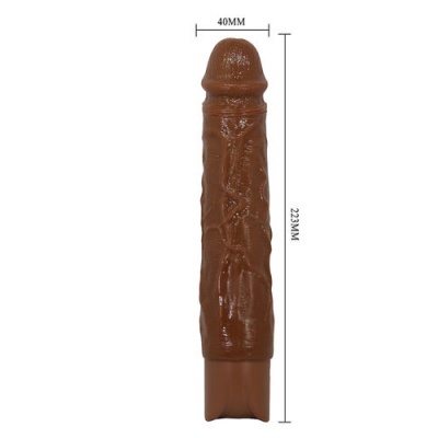 Vibrador castanho com textura e dimensões indicadas em fundo branco
