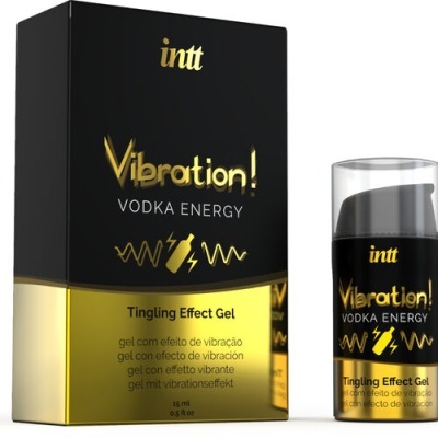 Embalagem e frasco de gel Vibration! Vodka Energy da marca intt preto e dourado com texto em várias línguas