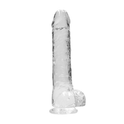 Dildo transparente com base de ventosa em fundo branco