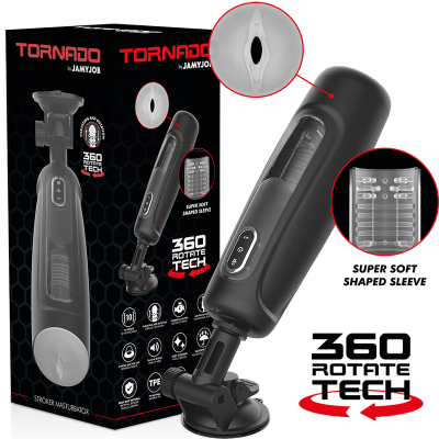Masturbador masculino preto com ventosa e caixa preta com texto TORNADO