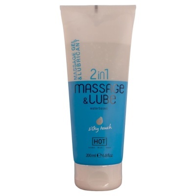Frasco plástico azul e branco de gel de massagem e lubrificante