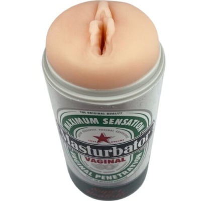 Masturbador vaginal cilíndrico com texto na etiqueta